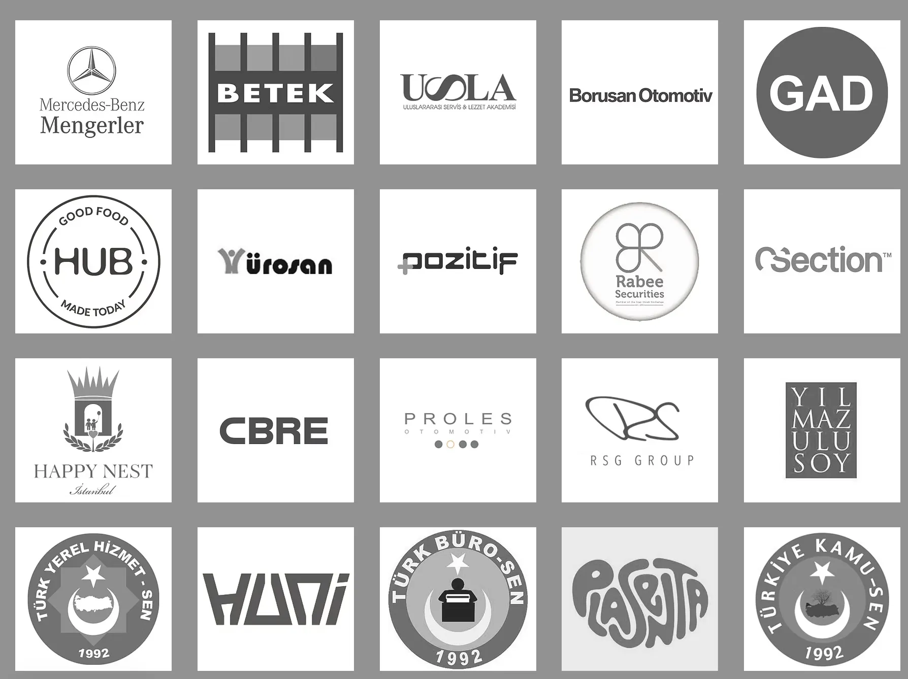 Bir Teknoloji Referansları - Mercedes-Benz Mengerler, Borusan Otomotiv, CBRE, Betek, Uola, GAD, Good Food Hub, Yürosan, Pozitif, Rabee Securities, Section, Happy Nest, Proles, RSG Group, Yılmazulusoy